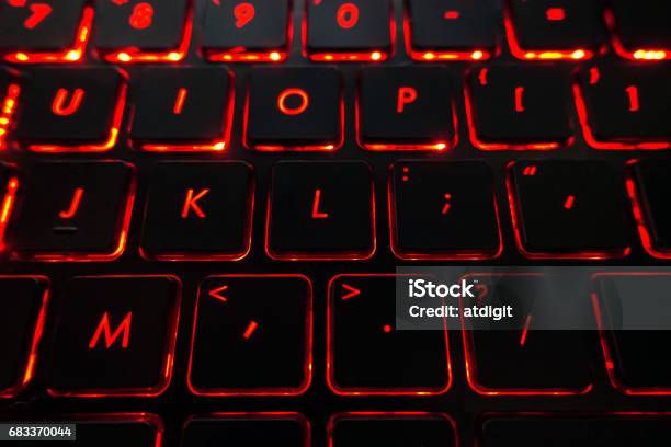 Laptop With Red Backlit Keyboard Black Laptop Keyboard With Red Backlighting Keys Stock Photo - Download