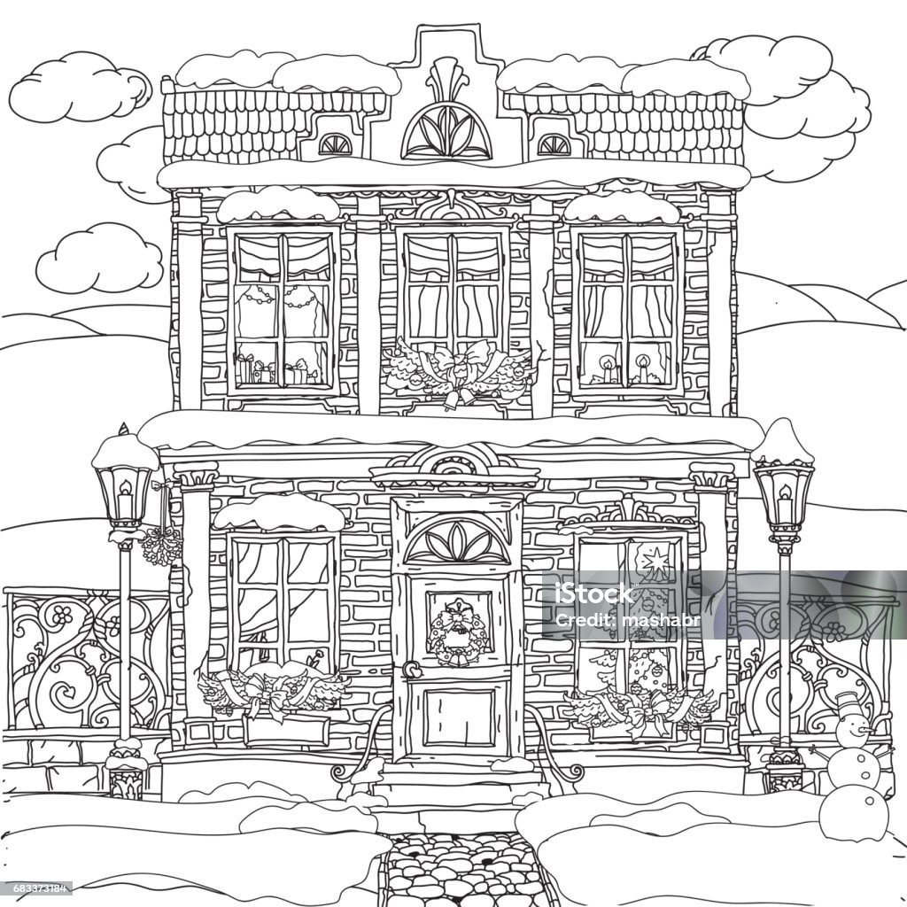 Hand drawn vector stock illustration of house Hand drawn vector stock illustration of a house with Christmas decoration by wreath, a snowman and balls in doodle style for anti stress adult coloring book. Coloring stock vector