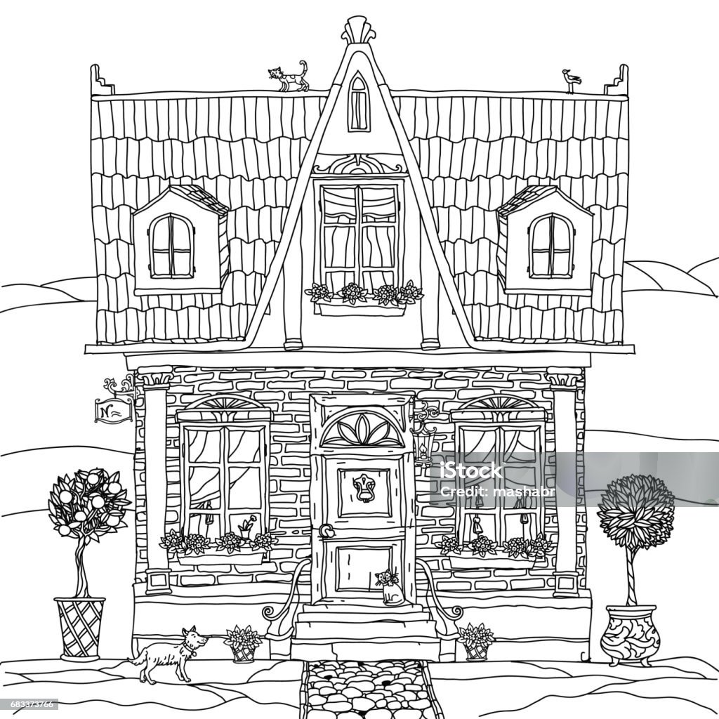 frontage of a house with flowers frontage of a house with flowers, plants, cat and dog for adult coloring book or for zen art therapy anti stress drawing. Hand-drawn, vector,very detailed, for coloring book, poster design, contoured Coloring stock vector