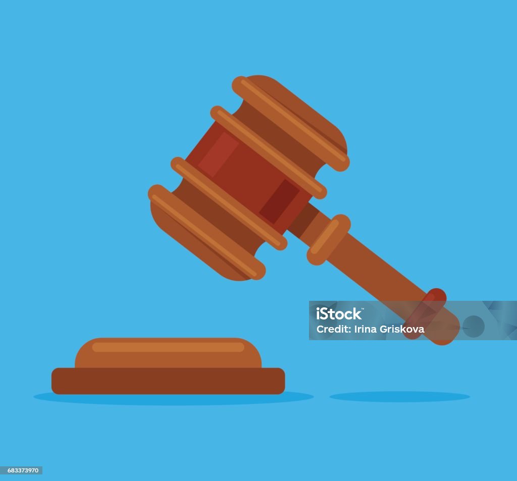 Wooden judge isolated gavel on blue background. Judge hammer. Symbol of justice Wooden judge isolated gavel on blue background. Judge hammer. Symbol of justice. Vector flat cartoon illustration Courthouse stock vector