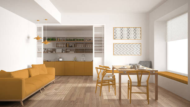 istock Minimalist kitchen and living room with sofa, table and chairs, white and yellow modern interior design 683377080