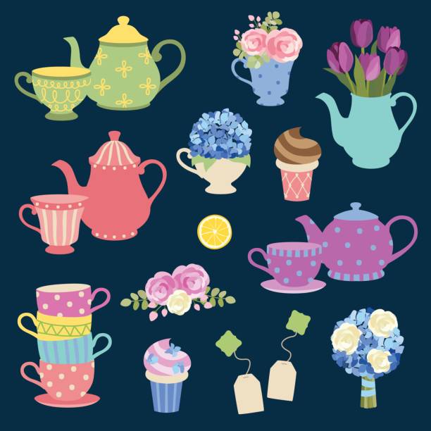 ilustrações de stock, clip art, desenhos animados e ícones de tea party and flower set - tea afternoon tea tea party cup