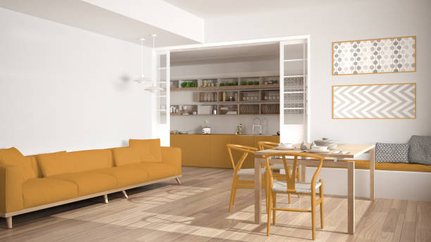 istock Minimalist kitchen and living room with sofa, table and chairs, white and yellow modern interior design 683380466