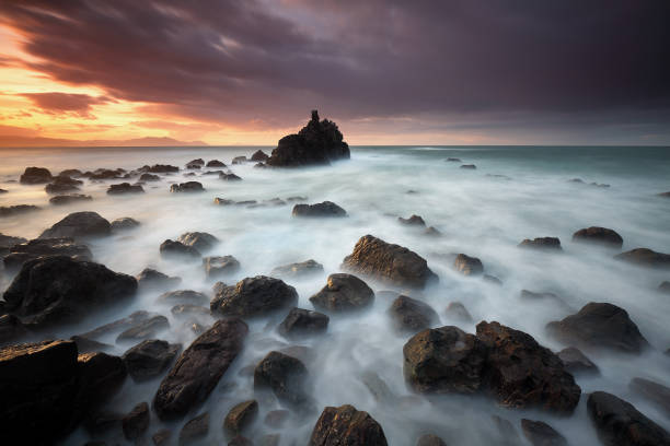Nice sunset at Meñakoz beach (Biscay, Basque Country) stock photo