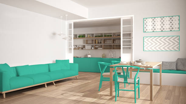 istock Minimalist kitchen and living room with sofa, table and chairs, white and turquoise modern interior design 683385538