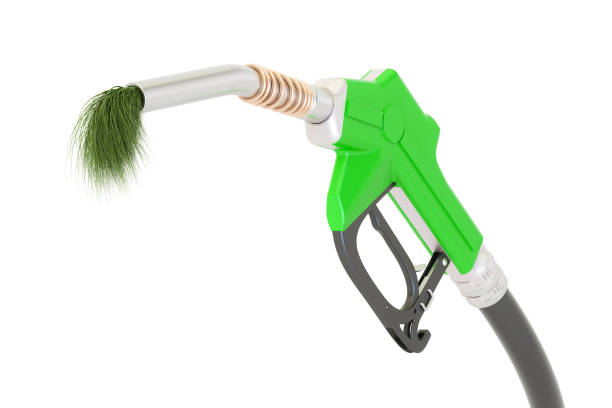 istock bio fuel concept, gas pump nozzle with green grass, 3D rendering isolated on white background 683391246