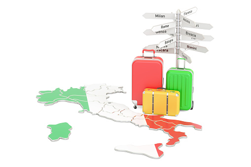 Italy travel concept. Italian flag on map with suitcases and signpost, 3D renderi