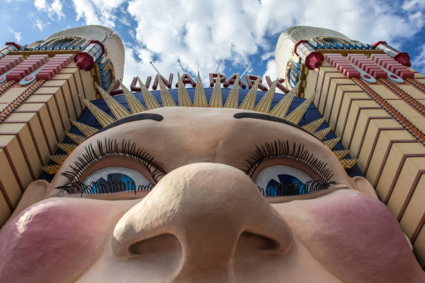 Sydney, NSW Australia – December 1st 2016 Face entrance of the Luna Park during daytime and clouds in blue sky.