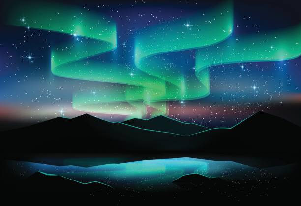 stockillustraties, clipart, cartoons en iconen met aurora sky en sterren op lake, astronomie achtergrond, vectorillustratie - noorderlicht