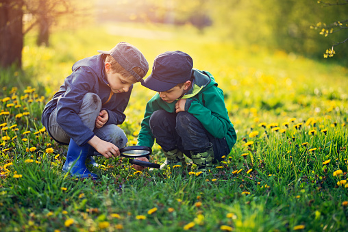 Kids with magnifying glasses exploring the nature.\n