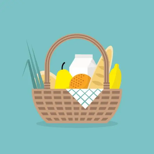 Vector illustration of Picnic. Wicker basket full of farmers products / flat editable vector illustration, clip art