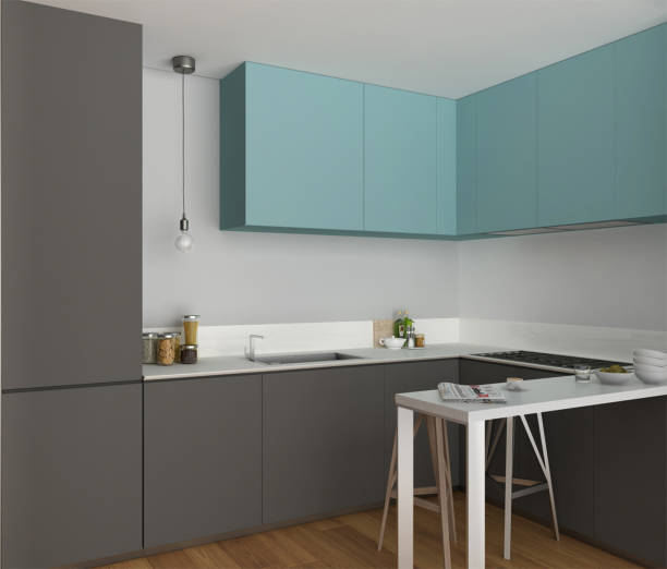 istock Kitchen with island and stools, minimalist interior design 683410900