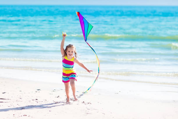 istock Child flying kite on tropical beach 683411796