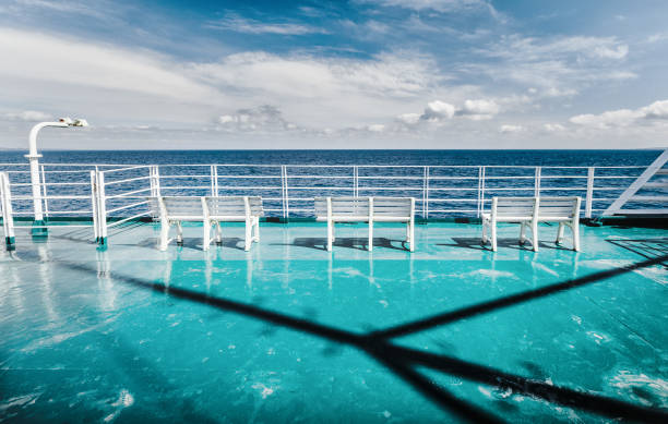 istock Pattern shade on ferry deck of a Mediterranean ferry heading across a calm sea. 683412462