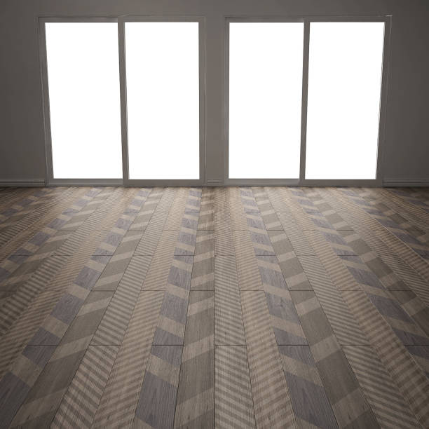 istock Empty room with wooden parquet floor, diagonal herringbone, minimalist interior design, colored tiles 683412616
