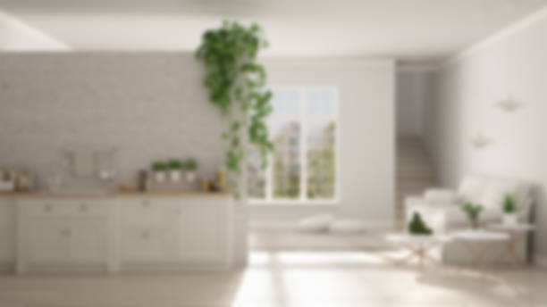 istock Blur background interior design, scandinavian white minimalist living with kitchen, open space, classic one room apartment 683418376