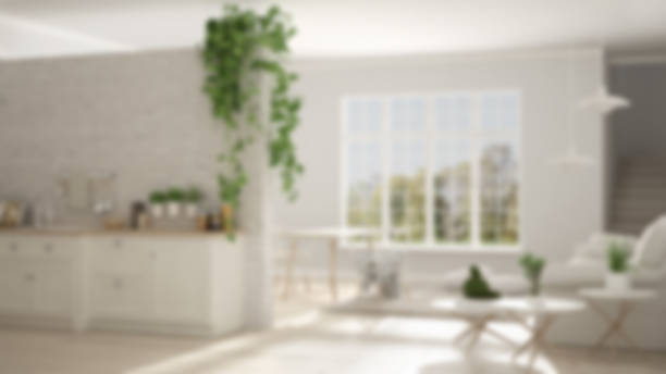 istock Blur background interior design, scandinavian white minimalist living with kitchen, open space, classic one room apartment 683418454