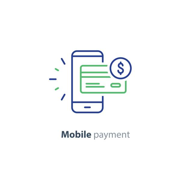 Smartphone payment technology, financial concept, line icon Mobile payment services, phone finances app, financial banking technology, vector line icon mobile payment stock illustrations