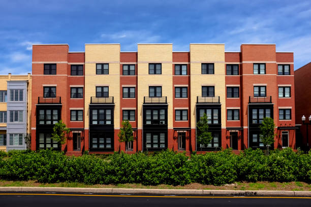 Modern apartment buildings on a sunny day with a blue sky