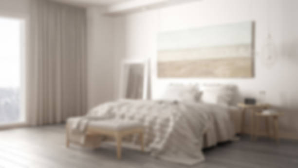 Blur background interior design, classic bedroom, scandinavian modern minimalistic style