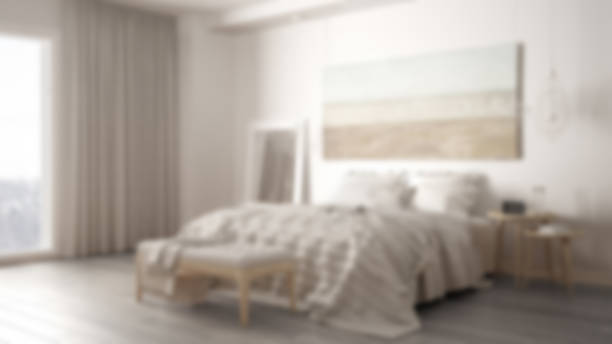Blur background interior design, classic bedroom, scandinavian modern minimalistic style stock photo