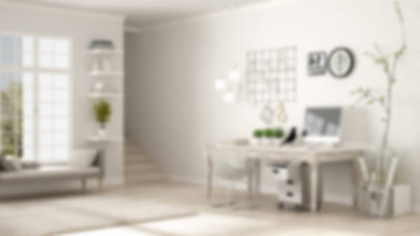 istock Blur background interior design, home workplace, scandinavian house room corner office 683420894