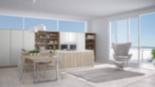 istock Blur background interior design, modern white kitchen with wooden details, big window with sea or lake panorama 683421238