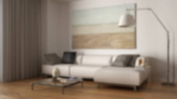 istock Blur background interior design, modern minimalist living with white sofa 683421354