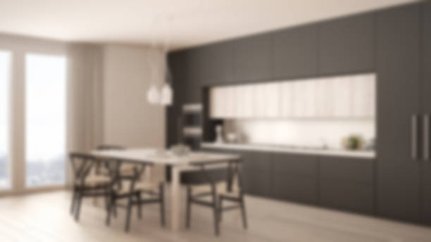 istock Blur background interior design, modern minimal gray kitchen with wooden floor 683421402