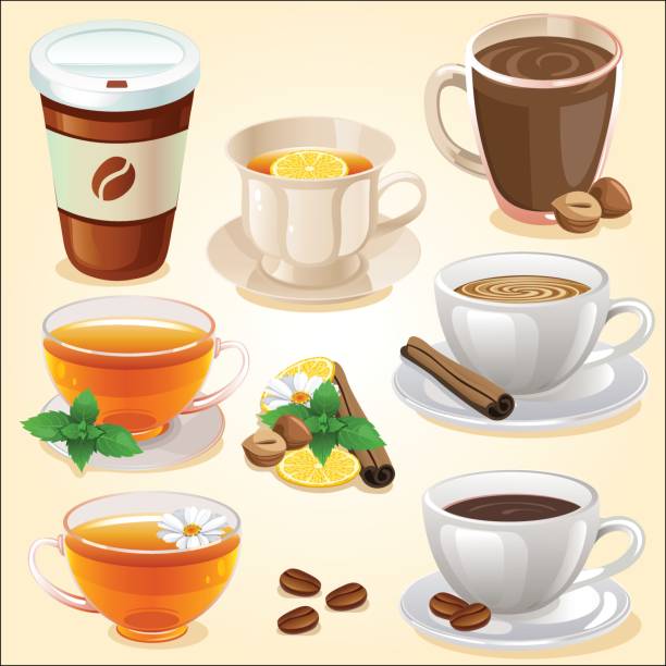 뜨거운 음료 설정 - chocolate nobody water tea stock illustrations