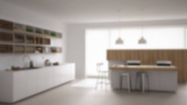istock Blur background interior design, scandinavian minimalist white kitchen 683424744
