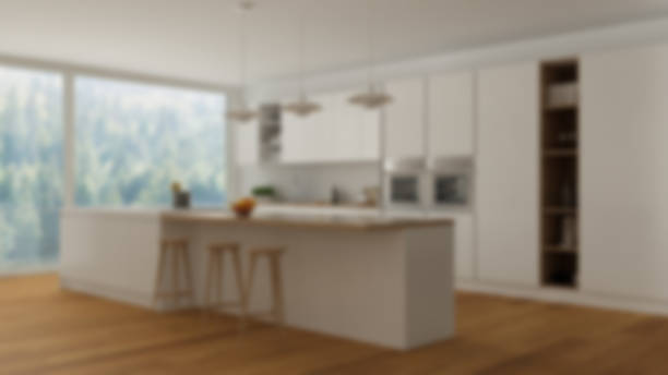 istock Blur background interior design, scandinavian minimalist white kitchen with wooden details 683424846
