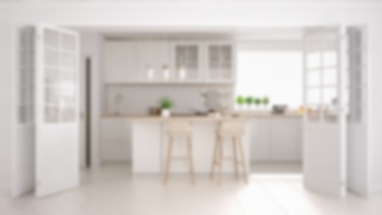 Desenfoque de fondo diseño de interiores, cocina clásica minimalista escandinavo con detalles de madera y blanco photo