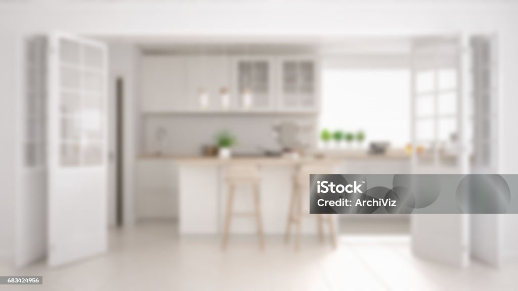 Desfocar o fundo, design de interiores, clássica cozinha minimalista escandinava com detalhes em madeira e brancos - Foto de stock de Cozinha royalty-free