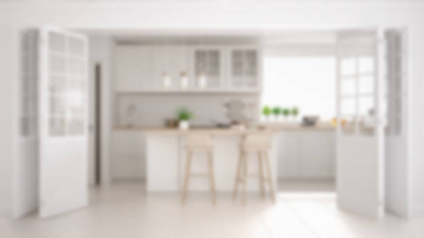 desfocar o fundo, design de interiores, clássica cozinha minimalista escandinava com detalhes em madeira e brancos - kitchen - fotografias e filmes do acervo