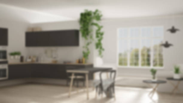 istock Blur background interior design, scandinavian white minimalist living with kitchen, open space, classic one room apartment 683425276