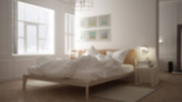 istock Blur background interior design, scandinavian white minimalistic bedroom, hotel spa resort 683425426