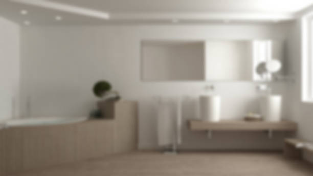 istock Blur background interior design, white and wooden bathroom, hotel, spa 683427498