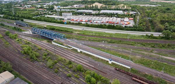 Railroad track, shunting yard, aerial view