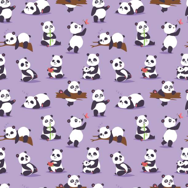 ilustraciones, imágenes clip art, dibujos animados e iconos de stock de oso panda cude carácter diferentes presentan patrón transparente de vector - asian ethnicity pattern textile seamless