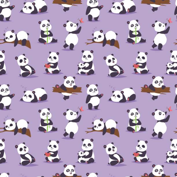 panda niedźwiedź cude charakter inny poza wektor bezszwowy wzór - asian ethnicity pattern textile seamless stock illustrations