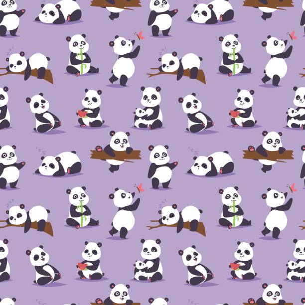 Panda bear cude character different pose vector seamless pattern Panda cartoon character in various pose animal white cute china black bear giant mammal fat wilderness rare. Lying woods panda bear eating bamboo china wild animal seamless pattern baby panda bears backgrounds stock illustrations