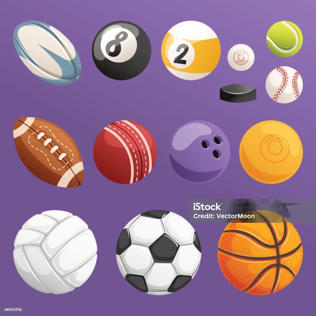 Set of sport balls isolated vector collection Set of balls isolated on white background. Collection tournament win round basket soccer equipment. Recreation leather group traditional different design. Rugby Ball stock vector