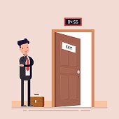 istock businessman or manager faces an open door waiting for the end of the working day. Flat character. Vector illustration. 683437608