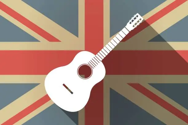 Vector illustration of Long shadow UK flag with  a six string acoustic guitar