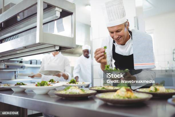 Happy Chef Garnishing Appetizer Plates At Order Station Stock Photo - Download Image Now