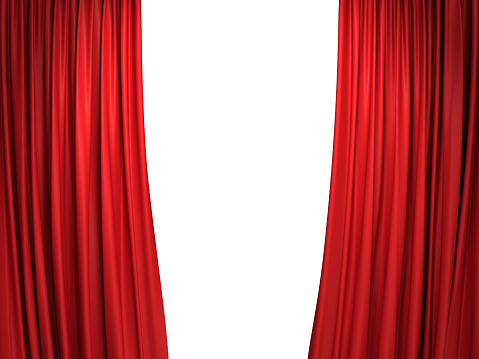Open moving red velvet stage curtains on white background. 3D illustration