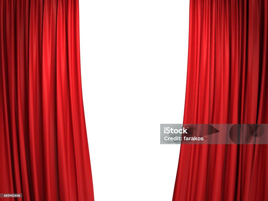 Open red stage curtains Open moving red velvet stage curtains on white background. 3D illustration Curtain Stock Photo