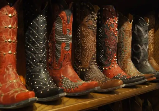 Assorted embellished western boots lined up on a shelf for display in Dallas, Texas, U.S.