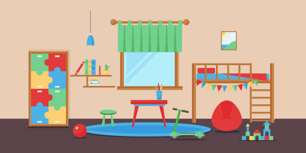 komfortable gemütliche baby zimmer dekor kinder schlafzimmer innenraum mit möbeln und spielzeug vektor - small shelf stock-grafiken, -clipart, -cartoons und -symbole